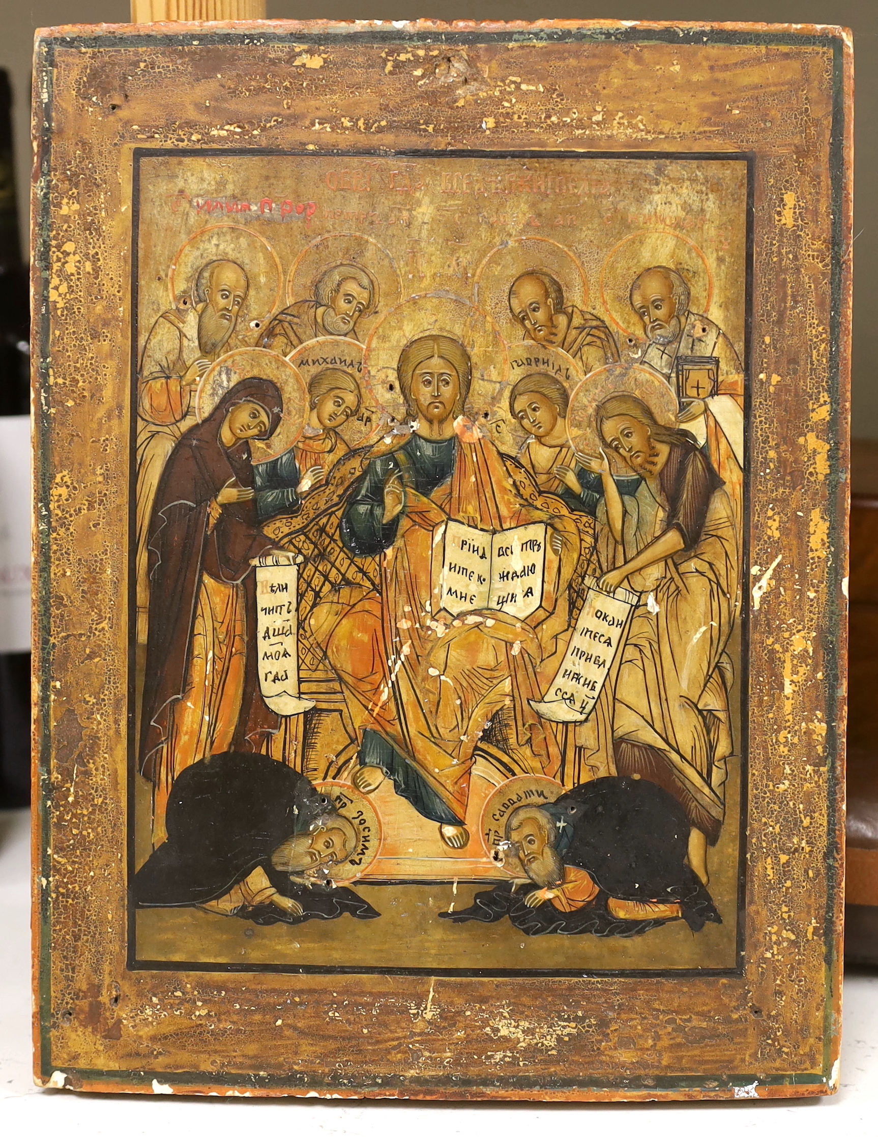 19th century Russian school, Icon, Christ and Saints, 31 x 24cm